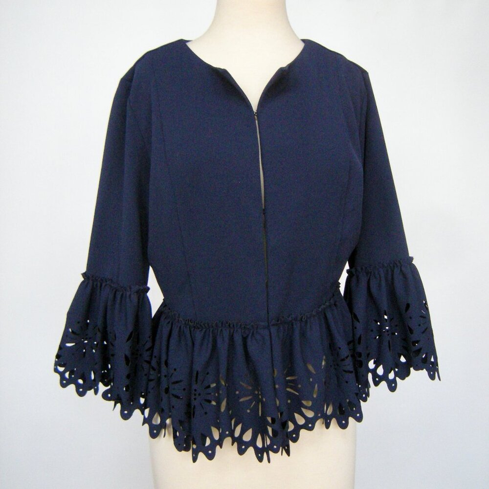 Marc Bouwers Unlimited Laser Cut Peplum Jacket Navy Blue - NWOT - L - Beautiful!